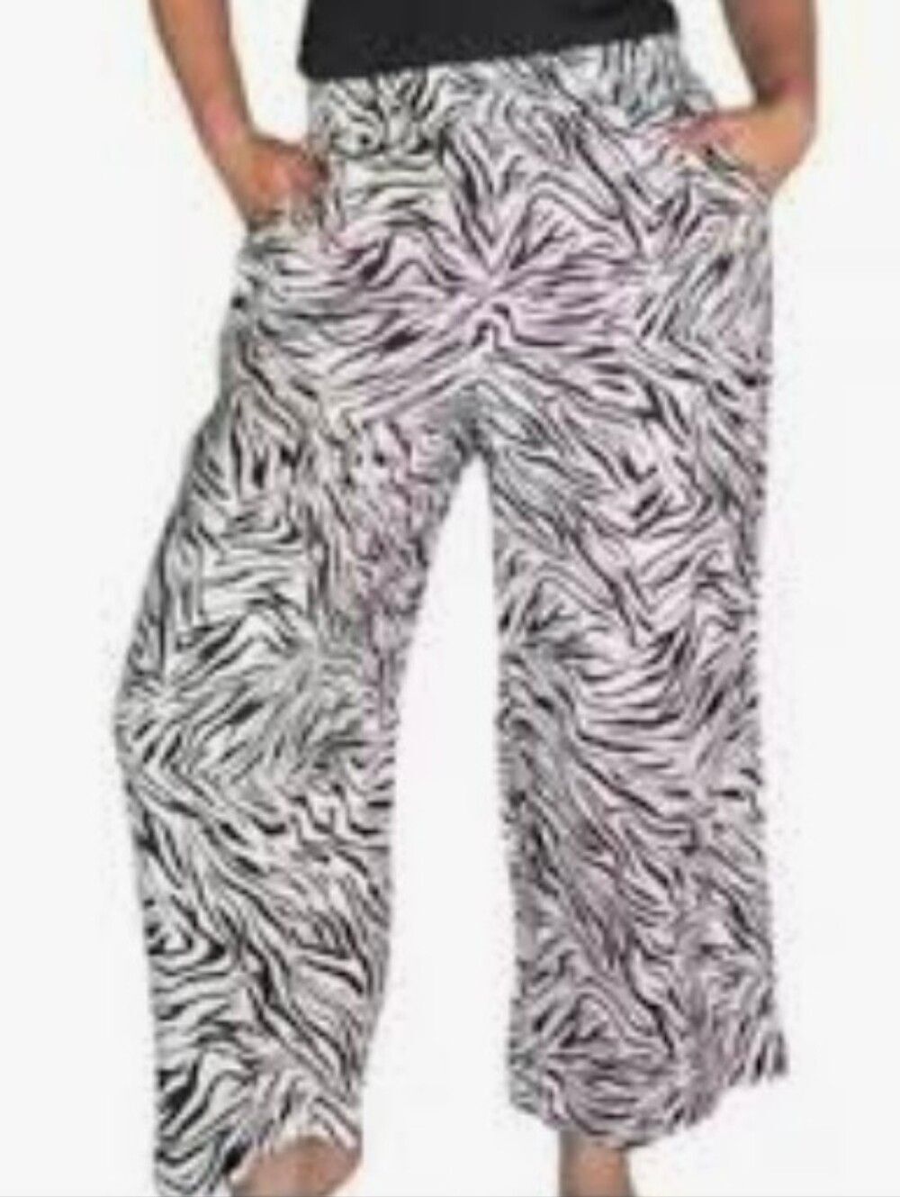 Nicole Miller Off White & Black Zebra Stripe Wide Leg Linen Palazzo Pants, XL